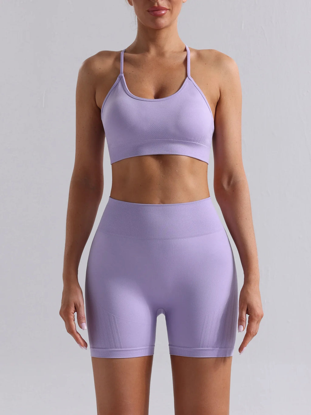Women Seamless Breathable Yoga Wear Two-Piece Set Solid Shoulder Strap Sports Bra High-Waisted Shorts Set
