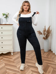 Women's denim overalls jumpsuit with medium-to-dark black wash