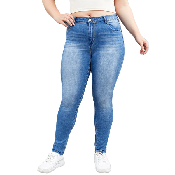 Womens Light Blue Jeans Plus Size Mid-Waist Pencil Denim