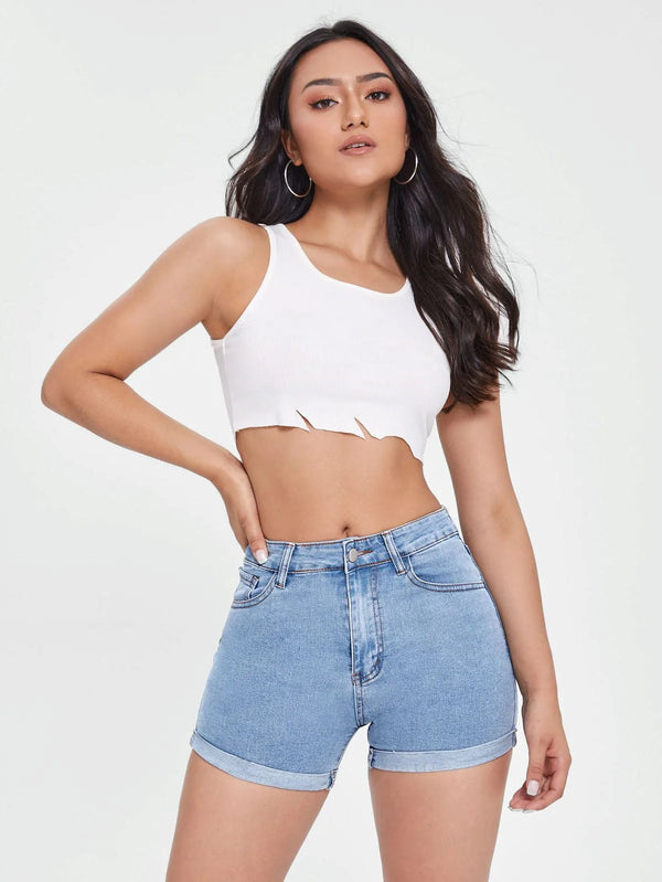 Light Blue Roll-Up Cuff High-Waist Denim Shorts