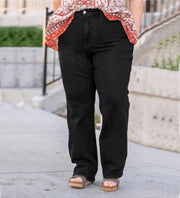 Plus Size High-Waisted Black Wide Leg Denim Pants in washed black finish