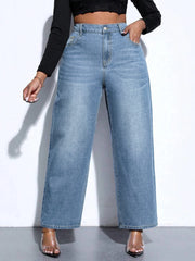 Blue plus size high-waist straight-leg denim jeans for women