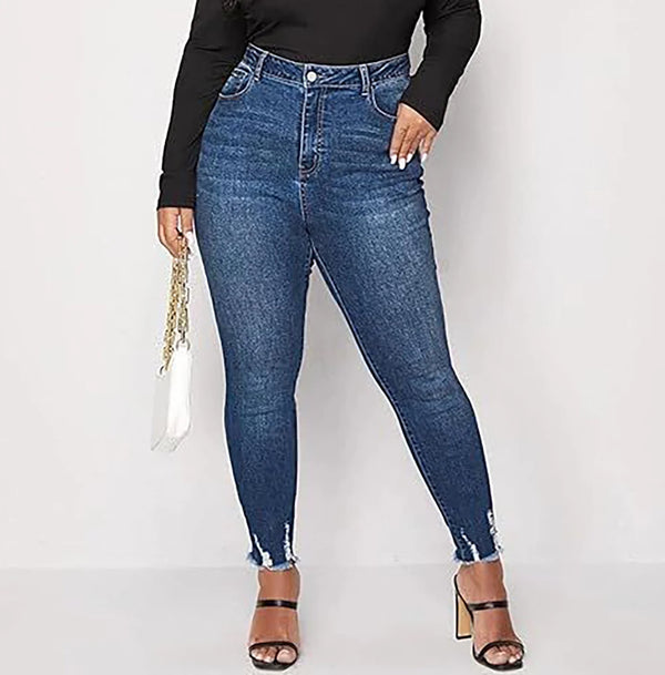 Mom Jeans for Women Plus Size High-Waisted Skinny Ripped Blue Denim