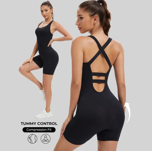 Black Bodysuit — Seamless Quick-Dry High-Waisted Cross-Back Workout One-Piece for Yoga, Pilates & Running