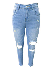 Light Blue Ripped Lace-Up Skinny Denim Pants for women