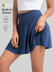 Maanga tennis skirt back view with built-in shorts coverage