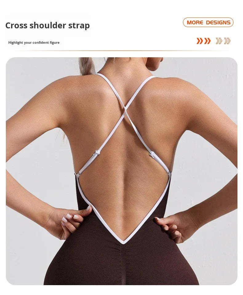 Women Seamless Quick-Drying Cross-Back Design Jumpsuit Contrasting Color Straps One-Piece Shorts