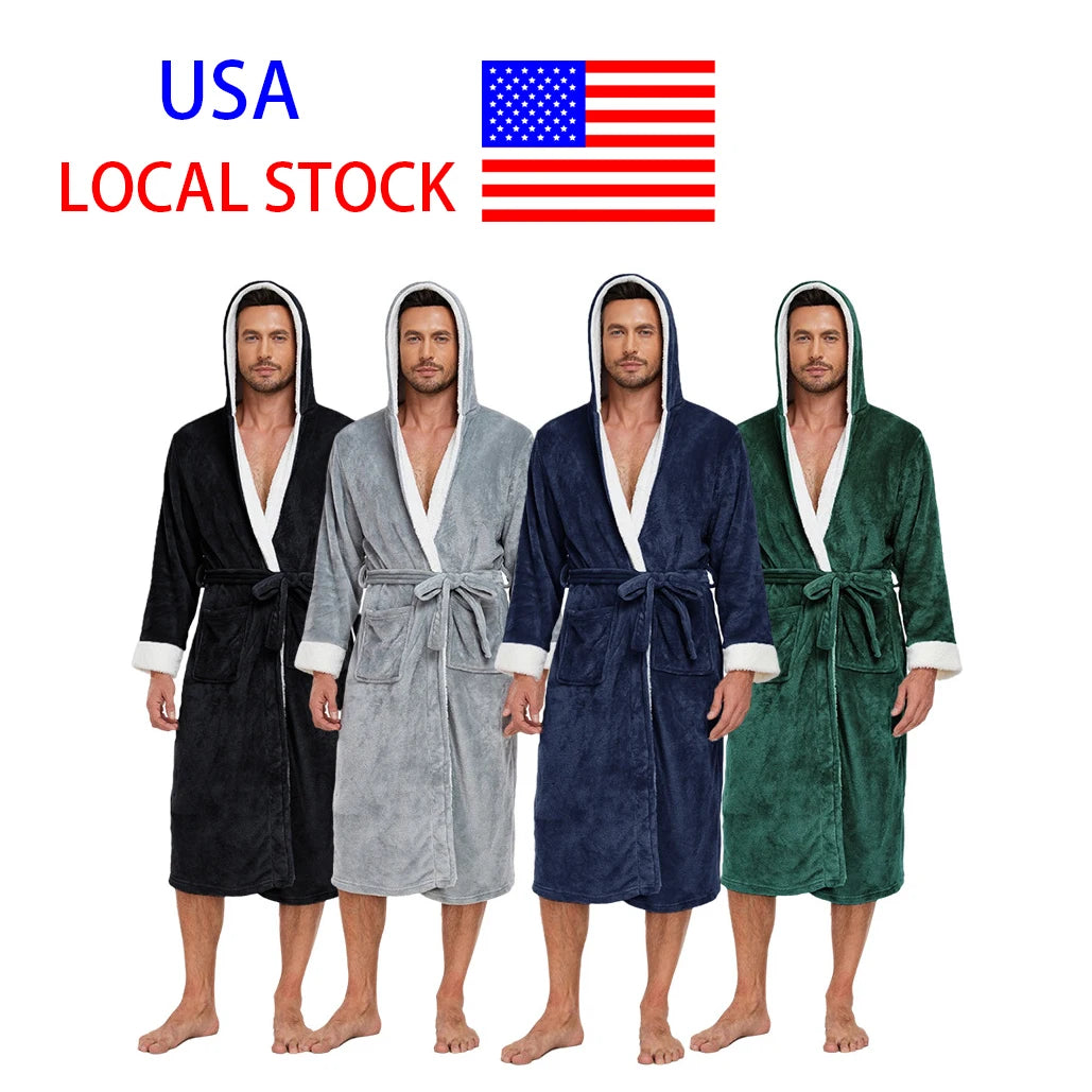 Bathrobe with Hood Soft Black Bathrobes Unisex Bathroom Pyjama Sleeping Robes Bath Robe for Men