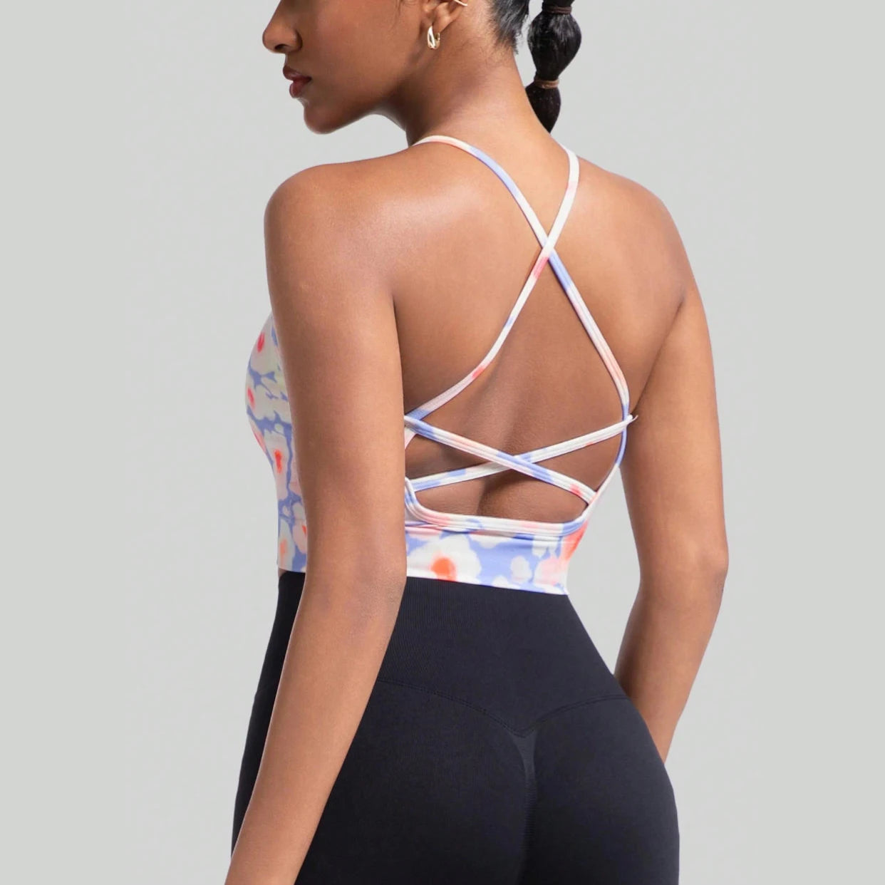 Women's Floral Print Crisscross Spaghetti Straps Sports Bra High Support Backless Breathable Yoga Tank Top for Fitness Running