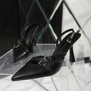 Slim 8cm stiletto heel profile on Maanga black sandals