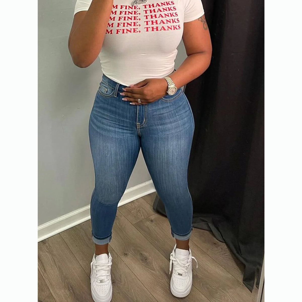 Maanga blue denim skinny pencil jeans in a full-length plus size cut