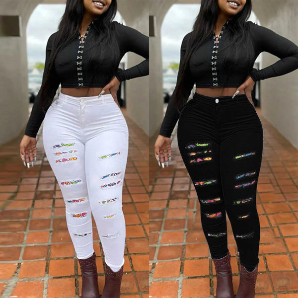 Black Jeans — Women's Plus Size High Waist Skinny Ripped Jeans