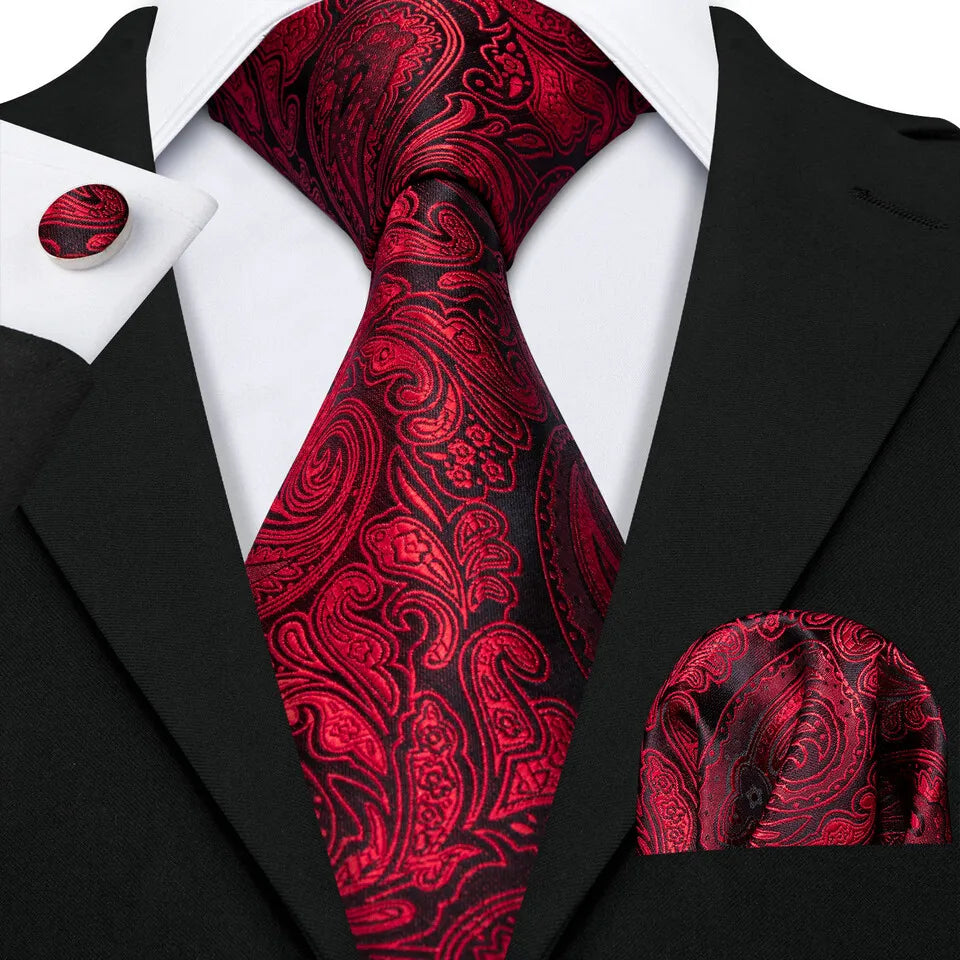 Free Shipping Business Design Jacquard Paisley Mens Silk Tie Gift Tie Cufflinks Hanky 3pc One Set