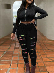 Ripped detail high waist jeans in solid color
