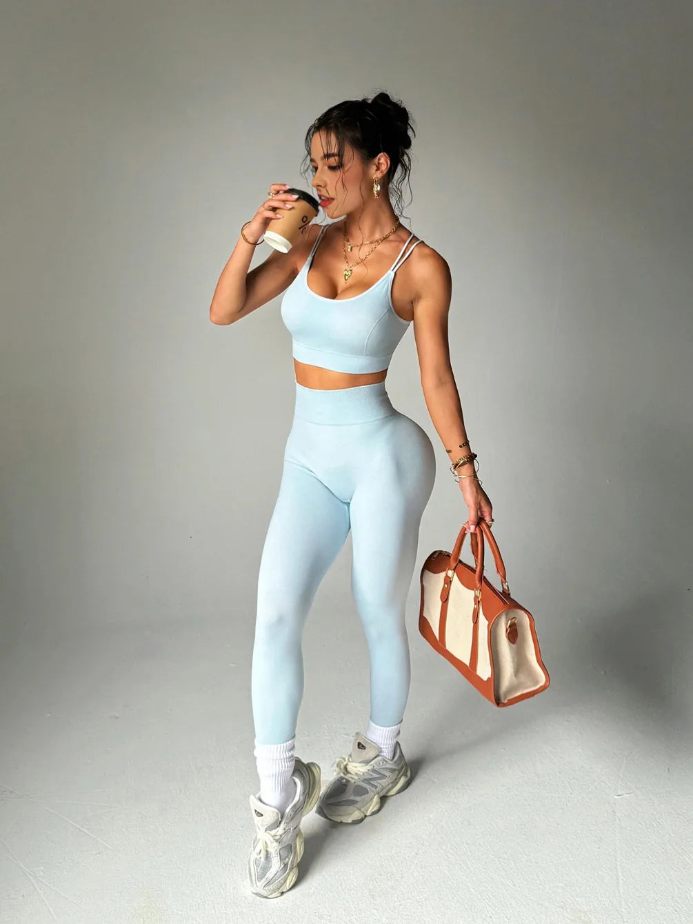 Women's Seamless Breathable Yoga 2 Piece Sets High Support Crisscross Straps Backless Sports Bra Butt Lifting Pants