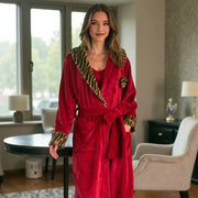 Flannel robe layered over matching pajama pieces for warmth