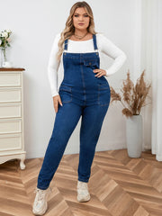 Loose-fit sleeveless denim romper with pockets, easy to layer under a tee or jacket