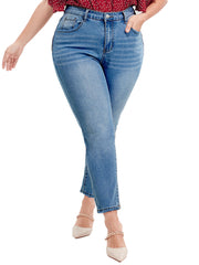 Mid-waist light blue jeans with zipper fly, full-length cut