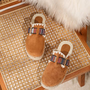 Brown embroidered straw flat mules with round toe