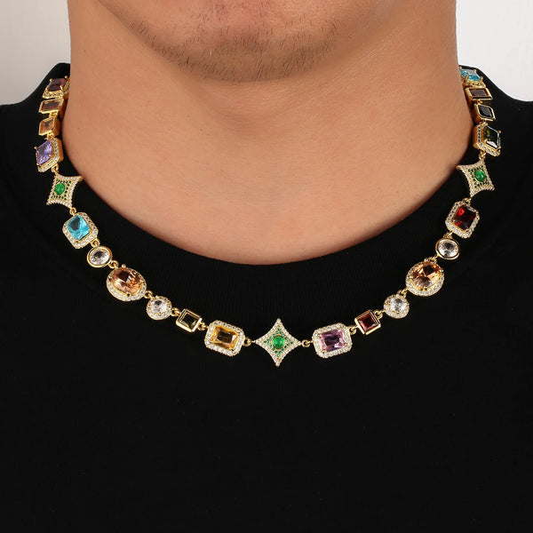 Gold Tennis Necklace — Multi-Color Zircon Chain, 18K Gold Plated
