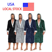 Black hooded spa robe in plush fleece for cozy lounging