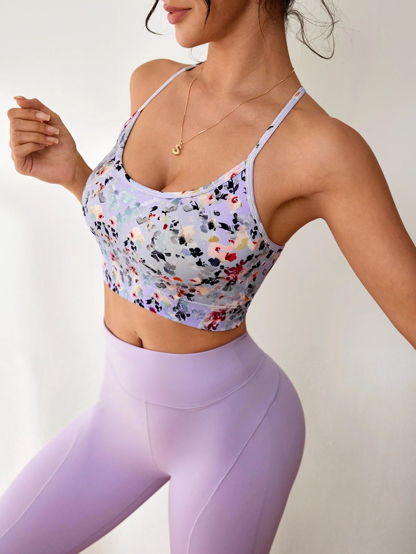 Women's Floral Print Crisscross Spaghetti Straps Sports Bra High Support Backless Breathable Yoga Tank Top for Fitness Running