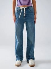 Wide-leg denim pants in medium stone-wash with a vintage feel