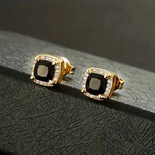 Gold Earrings — Square Black CZ Stud Earrings (Unisex)