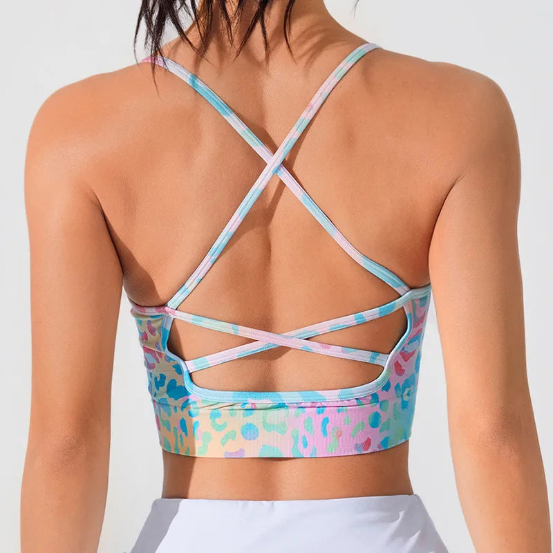 Women's Floral Print Crisscross Spaghetti Straps Sports Bra High Support Backless Breathable Yoga Tank Top for Fitness Running