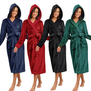Women's hooded long robe with full-length flowing silhouette for lounging