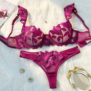 Purple Lace Bra & Panty Set with sheer see-through embroidery detail