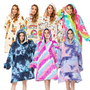 White wearable blanket hoodie featuring an acid-wash print finish