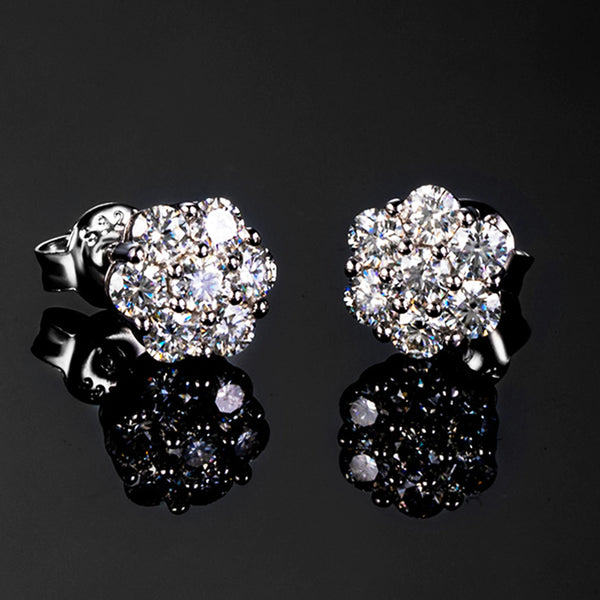 Gold Earrings — Moissanite Flower Cluster Studs in 14K Gold Plated 925 Silver, GRA Certified
