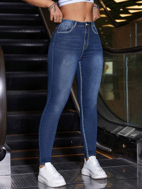 Dark Blue Stretchy Mid-Waist Skinny Jeans