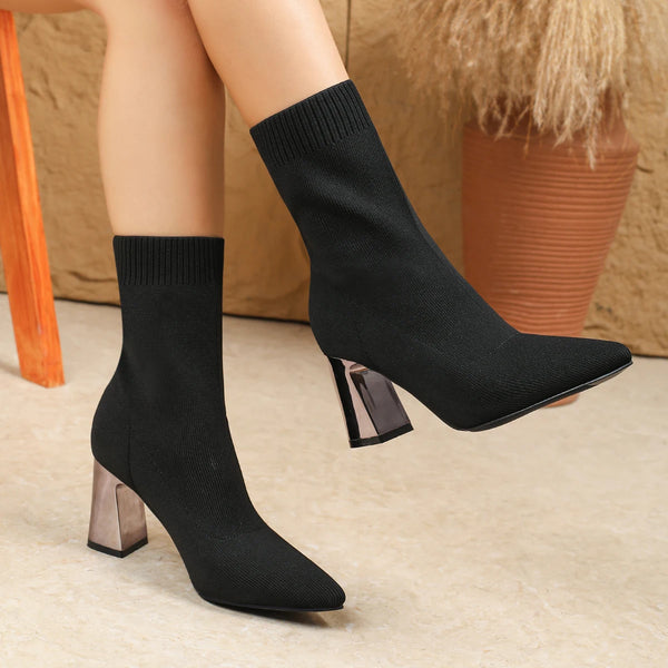 Black Boots Pointed Knit Chunky Heel Ankle Sock Boots