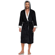 Hooded black flannel bathrobe with warm brushed texture