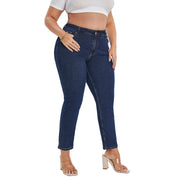 Dark blue high-waist plus size jeans in slim straight-leg cut