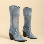 Denim-look Maanga cowboy boots with raw-edge finish and subtle embroidery