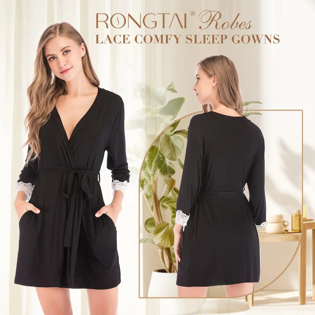 Luxury Adult Sleepwear Night Gown and Robe Black Lace Robe Cotton Bathrobe
