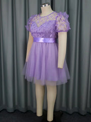Short puff sleeve A-line club dress with butterfly appliques