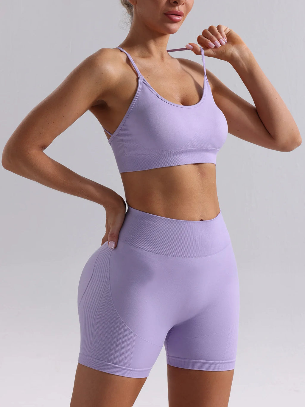 Women Seamless Breathable Yoga Wear Two-Piece Set Solid Shoulder Strap Sports Bra High-Waisted Shorts Set