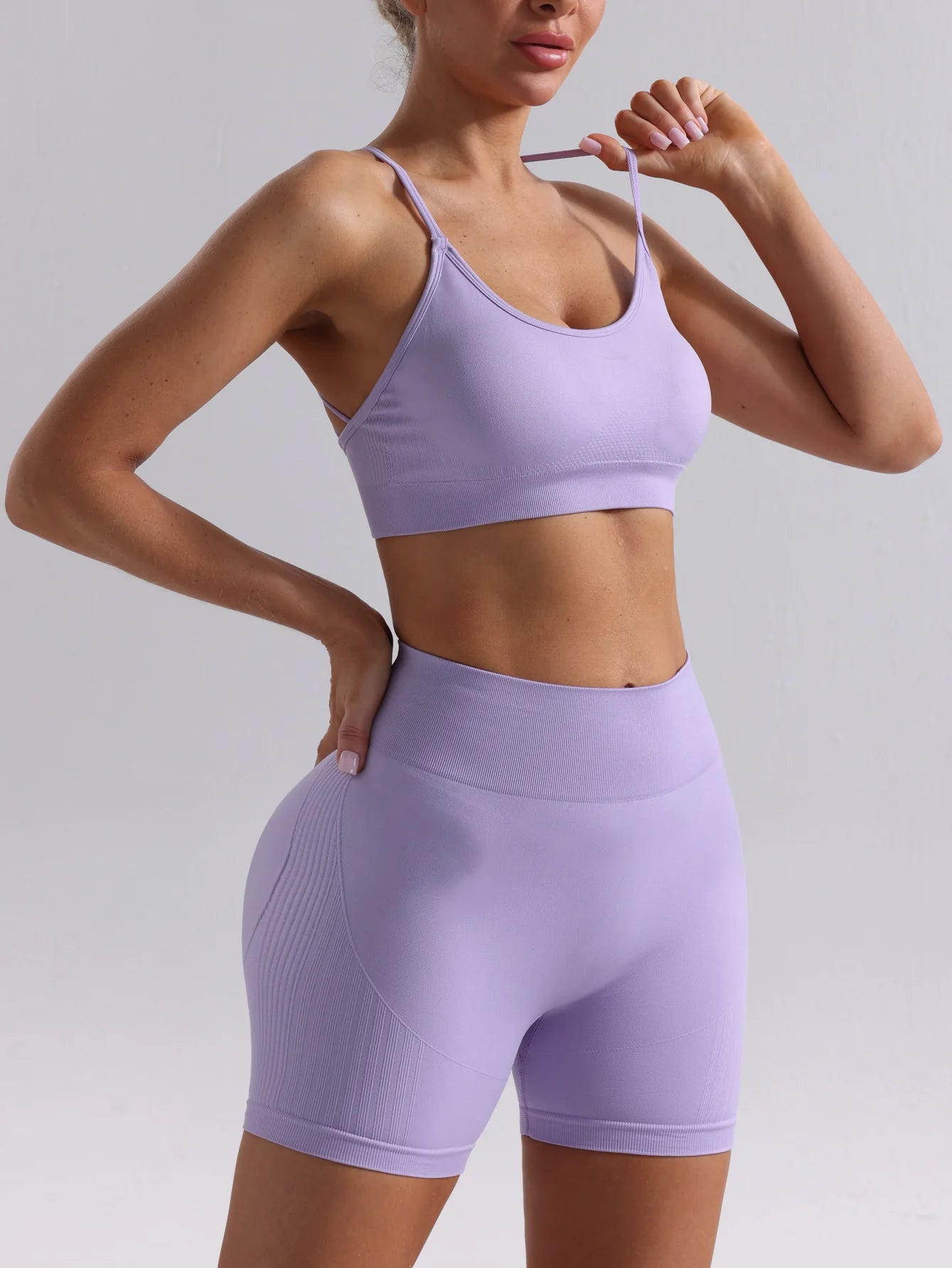 Women Seamless Breathable Yoga Wear Two-Piece Set Solid Shoulder Strap Sports Bra High-Waisted Shorts Set