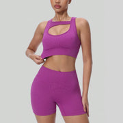 High-stretch yoga set featuring sleeveless crew-neck top