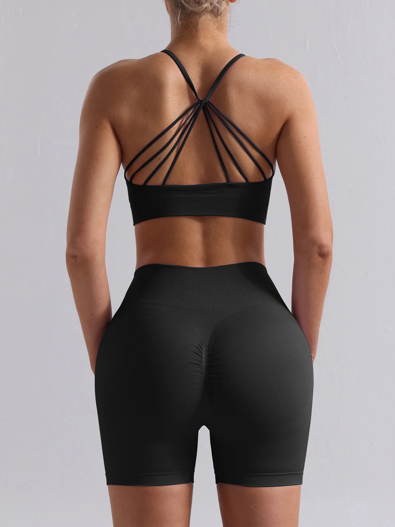 Women Seamless Breathable Yoga Wear Two-Piece Set Solid Shoulder Strap Sports Bra High-Waisted Shorts Set