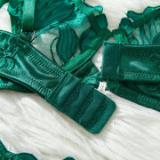 Two-piece green lingerie set with flowing chiffon half slip and butterfly accents