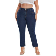 Plus size dark blue slim straight-leg jeans with high-stretch denim
