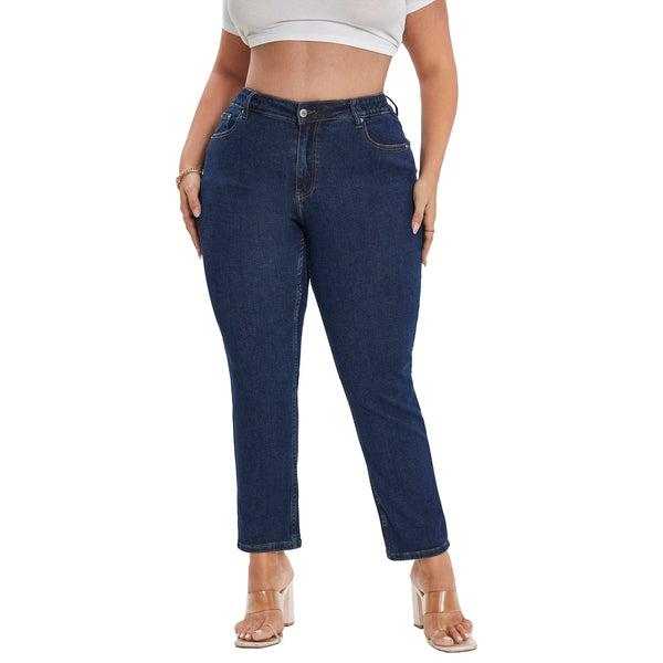 High Waisted Jeans for Women — Plus Size Dark Blue Straight Leg Denim