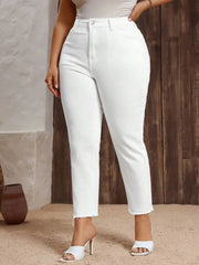 Plus size white pencil-leg skinny jeans with frayed hem detail
