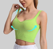 Green seamless yoga tank top with V-neck and stretch