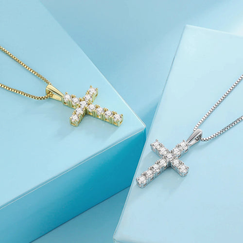 Sterling silver cross necklace with claw-set moissanite for maximum sparkle